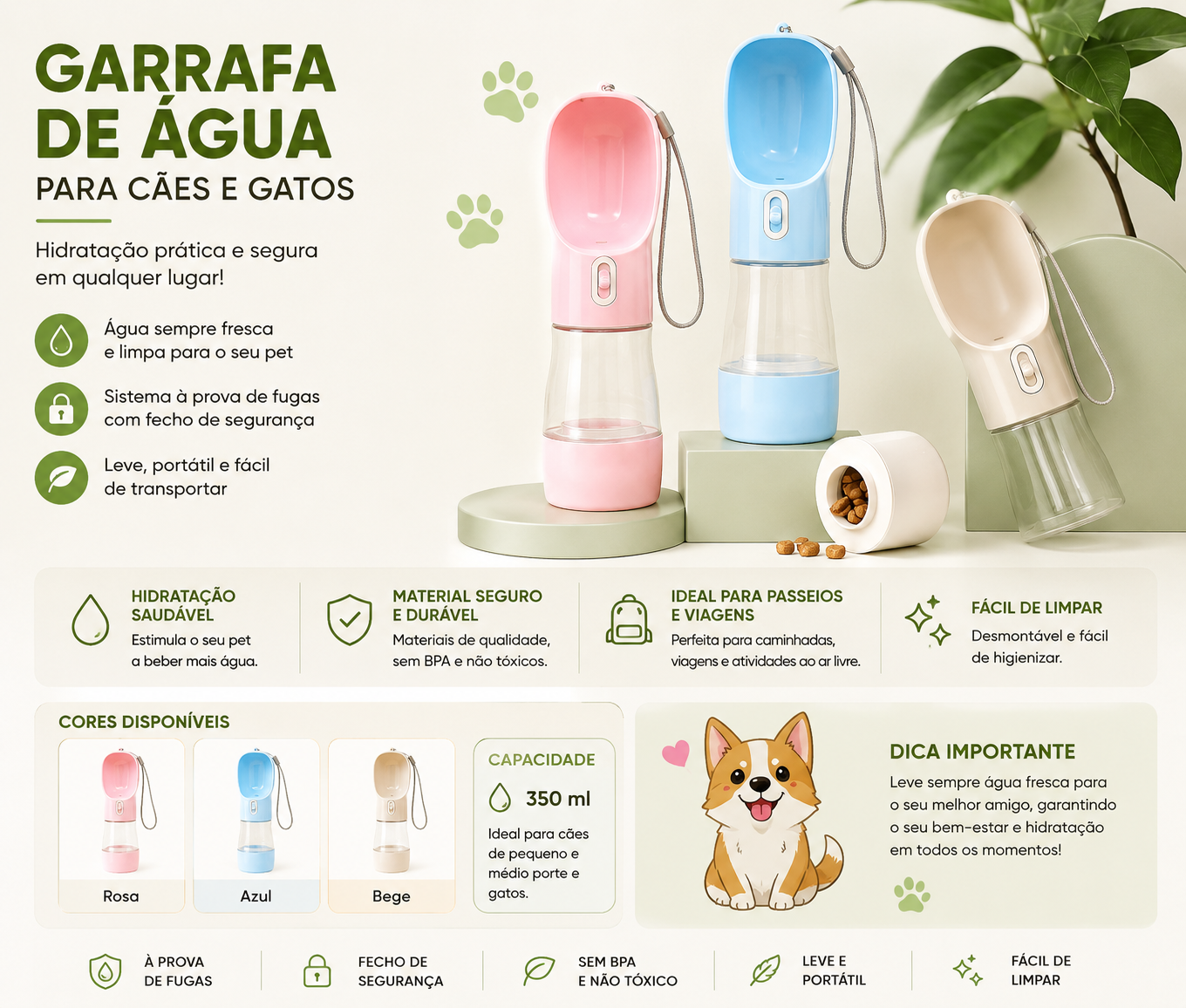 Garrafa Portátil de Água e Comida para Cães e Gatos
