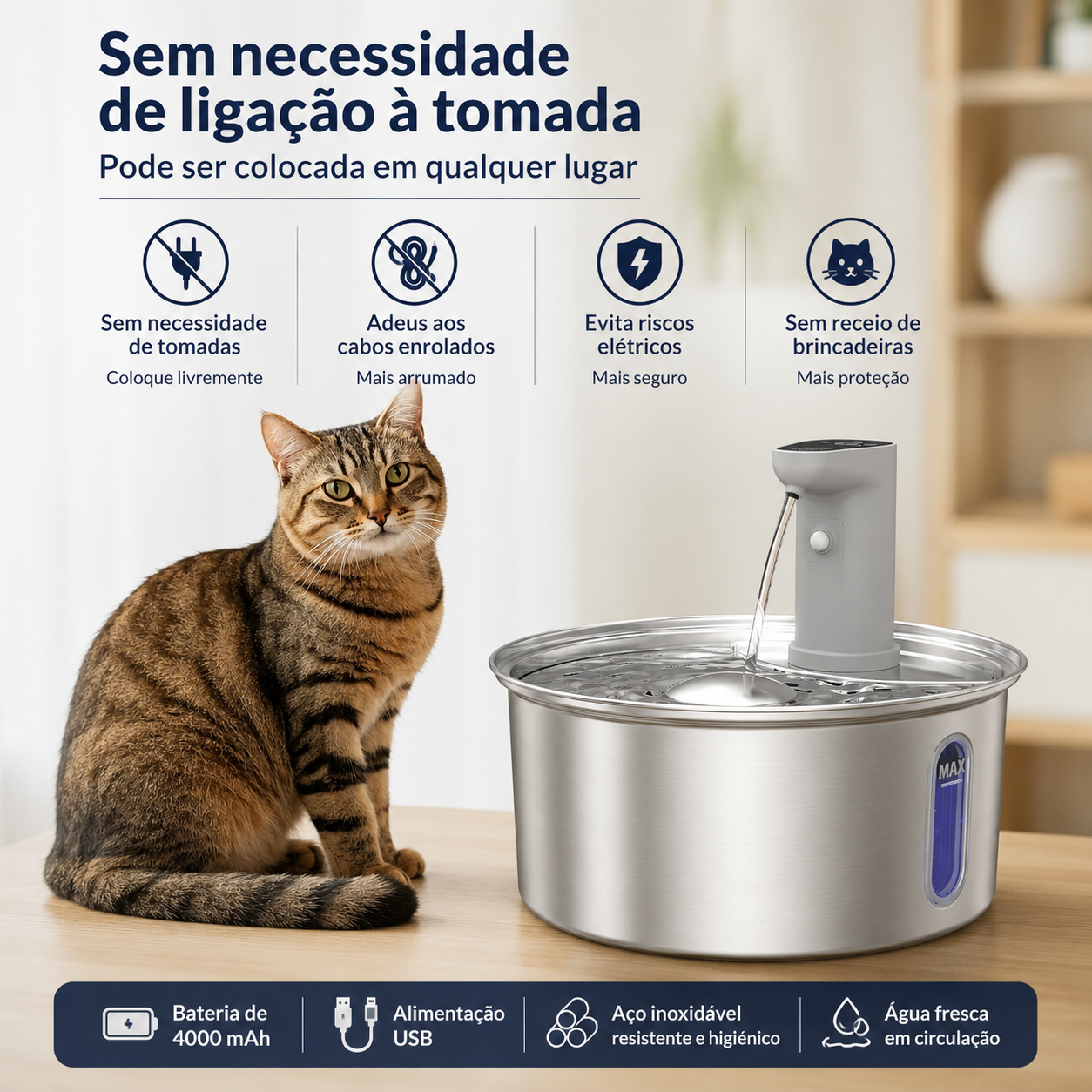 Fonte de Água em Aço Inoxidável para Gatos
