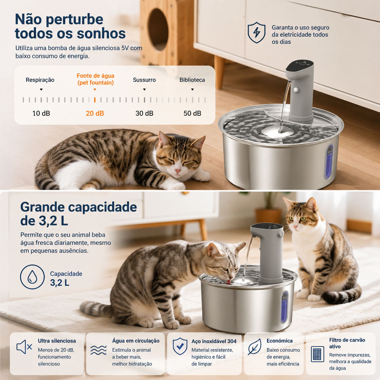 Fonte de Água em Aço Inoxidável para Gatos