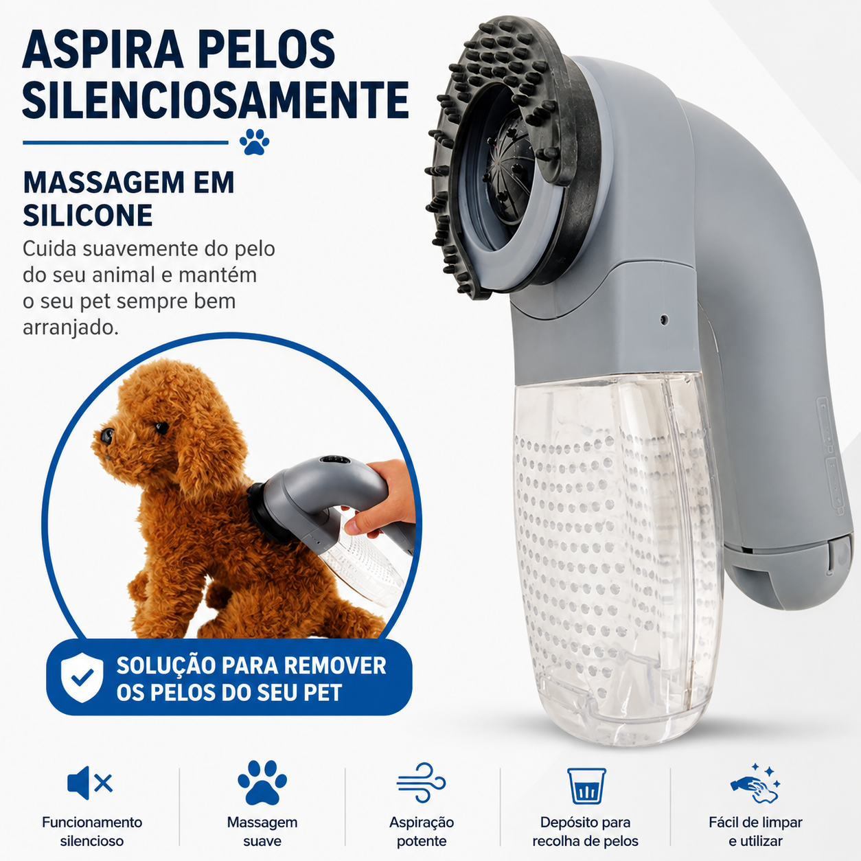 Aspirador Portátil Removedor de Pelo para Animais com Função de Massagem