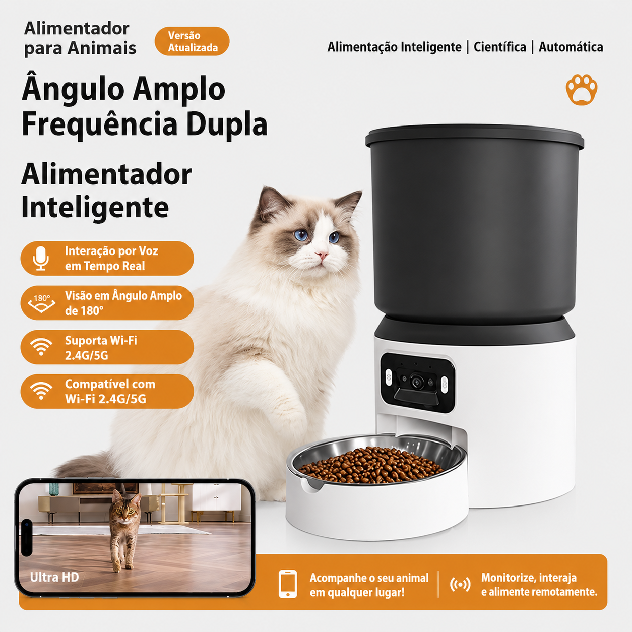 Alimentador Automático Inteligente 4L para Cães e Gatos com Controlo Remoto